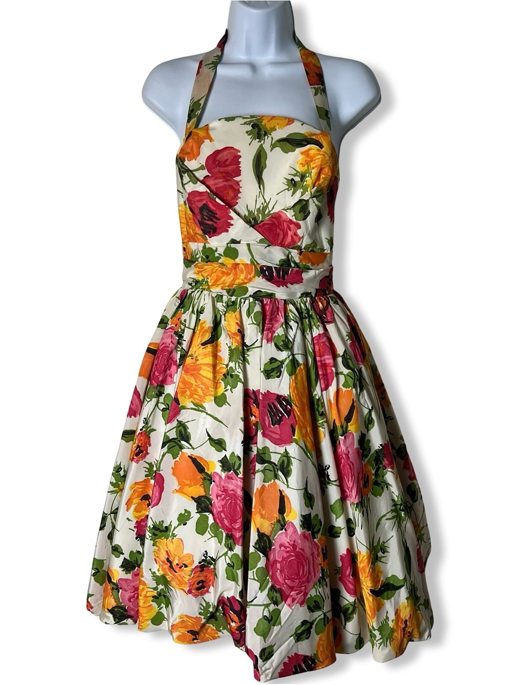 50s Vintage Floral Taffeta Halter Dress Bubble Hem Crinoline Rose Print Sz. XS